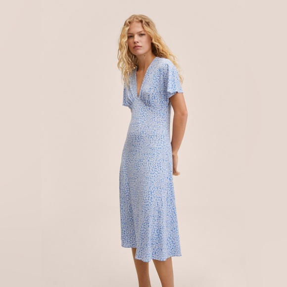 Mango Dresses & Skirts - Mango MNG • NWT Blue & White Daisy XXL A Line V Neck Midi Dress Pleated Detail